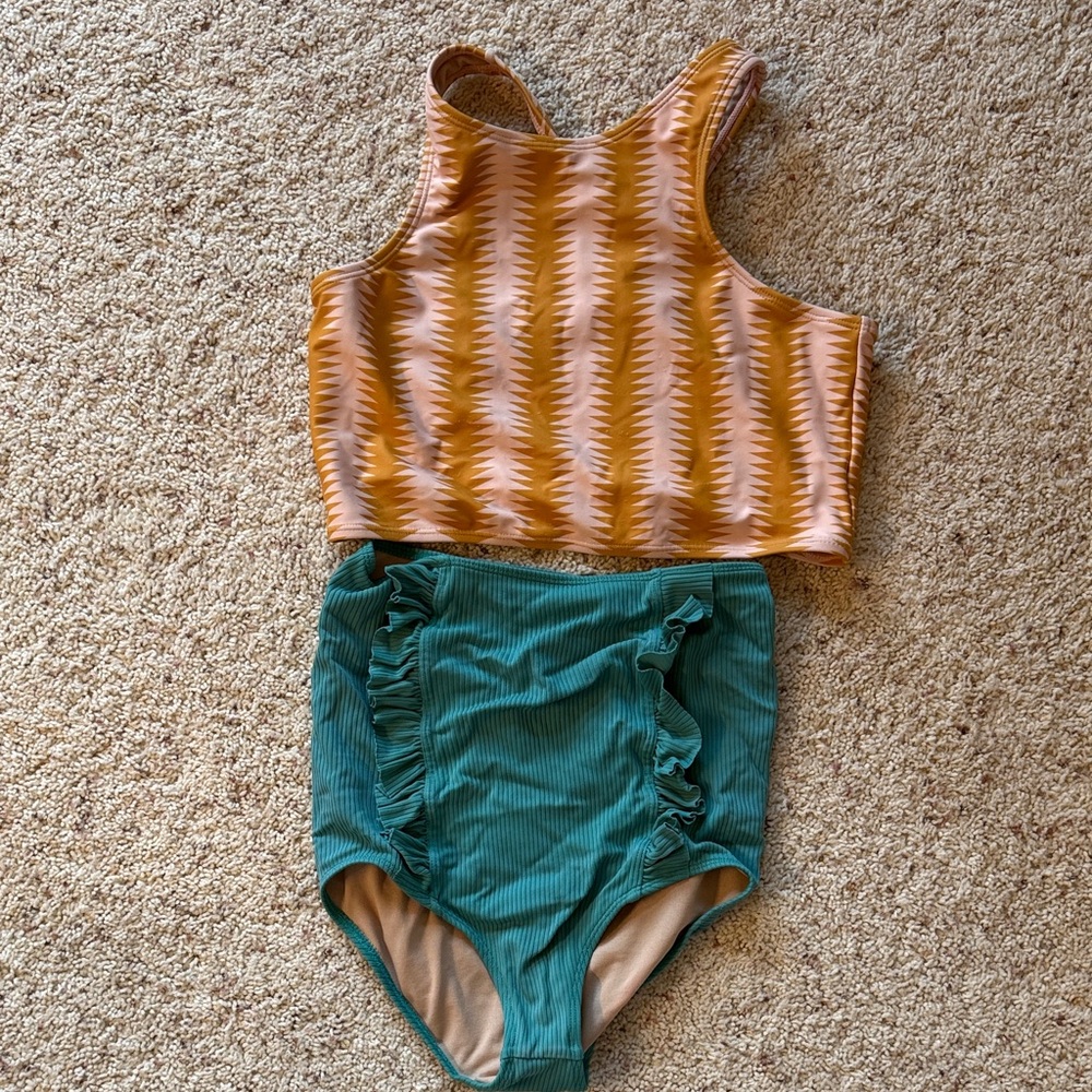 Kortni Jeane Mustard Patterned Tank & Teal Ruffle High-Waist One-Piece Look